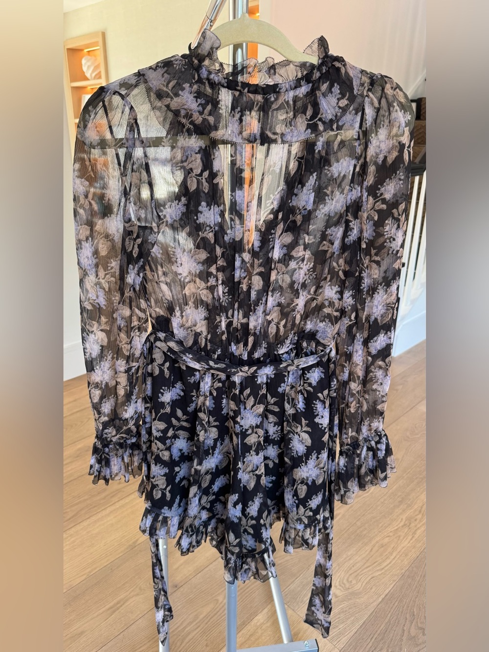 Zimmermann Black Sheer Romper with Lavender and Tan Floral Print - Picture 8 of 11